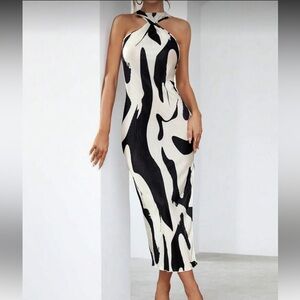 Elegant Black and White Halter Midi Dress